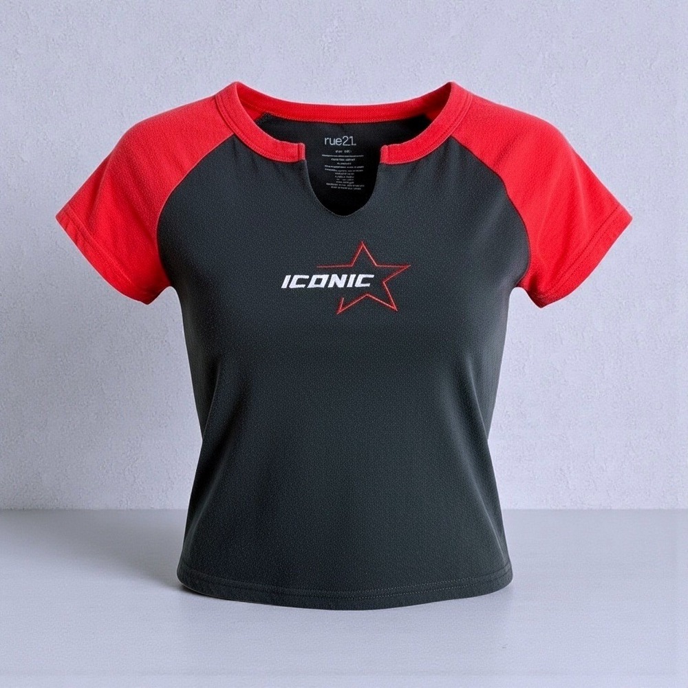 Rue 21 Black Red Raglan Short Sleeve Iconic Star V Neck T Shirt Top Size S